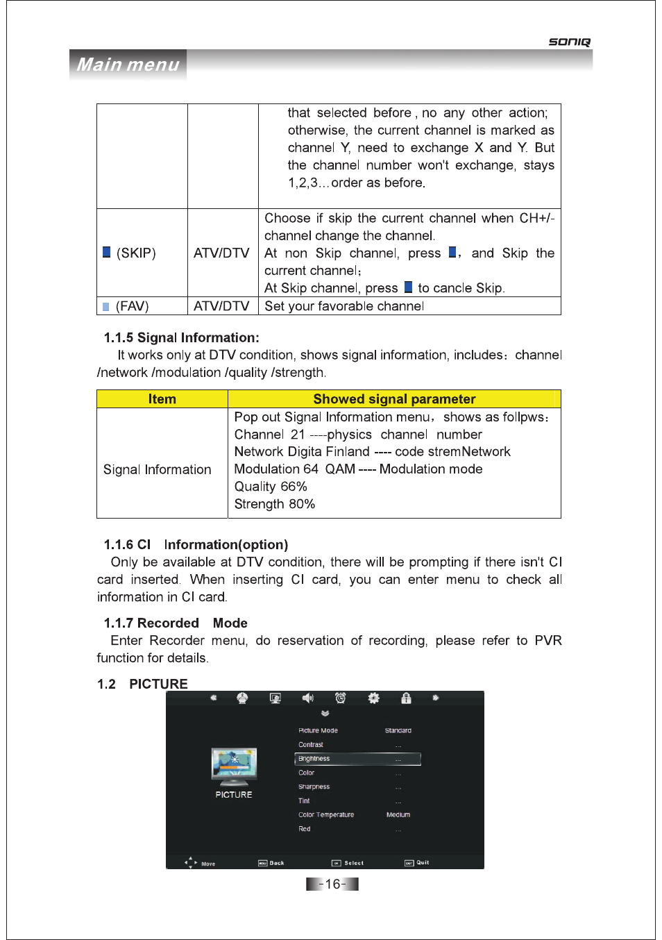 页 16, Main menu | SONIQ E19Z10A User Manual | Page 16 / 58