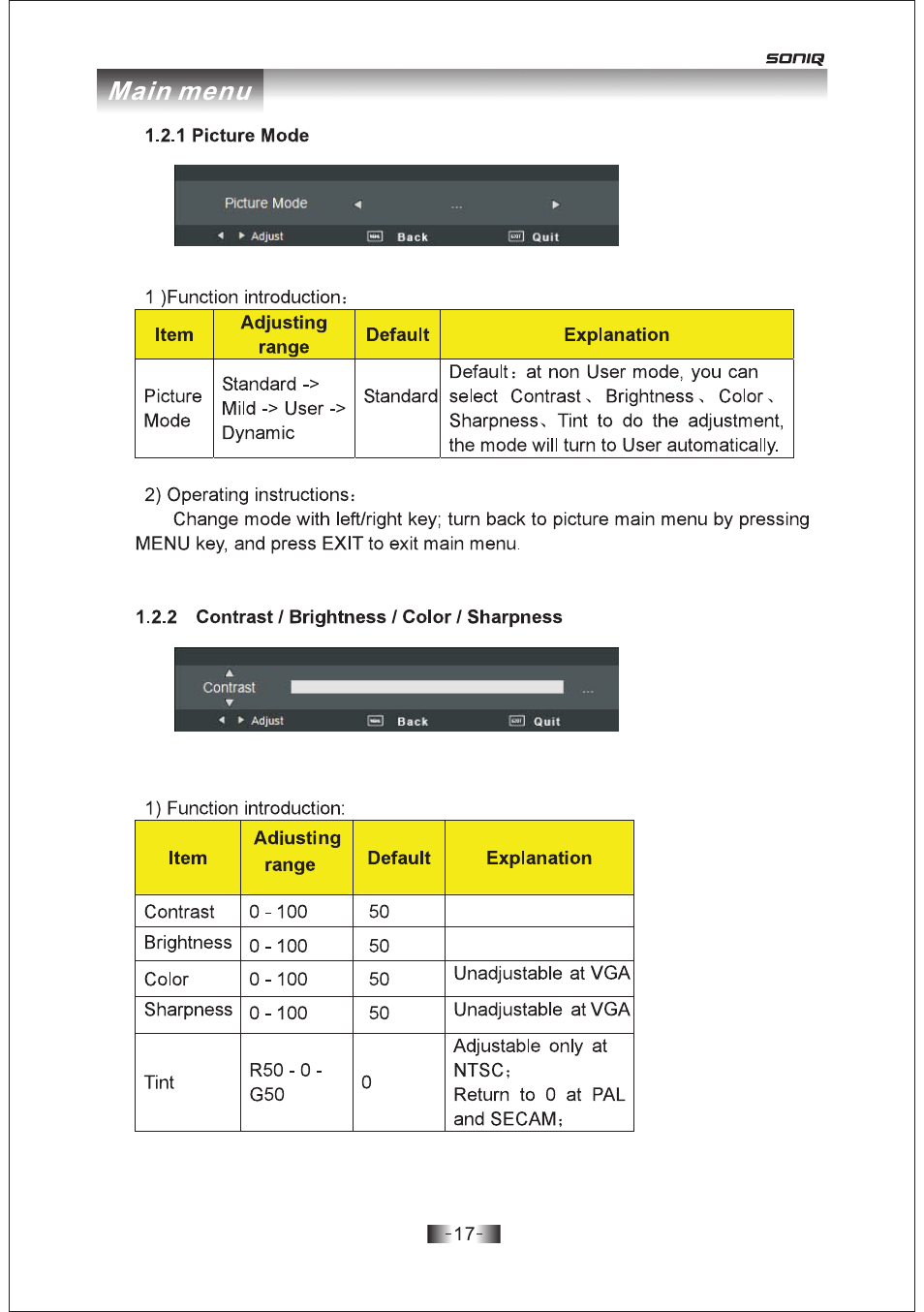 页 17, Main menu | SONIQ E19Z10A User Manual | Page 17 / 58