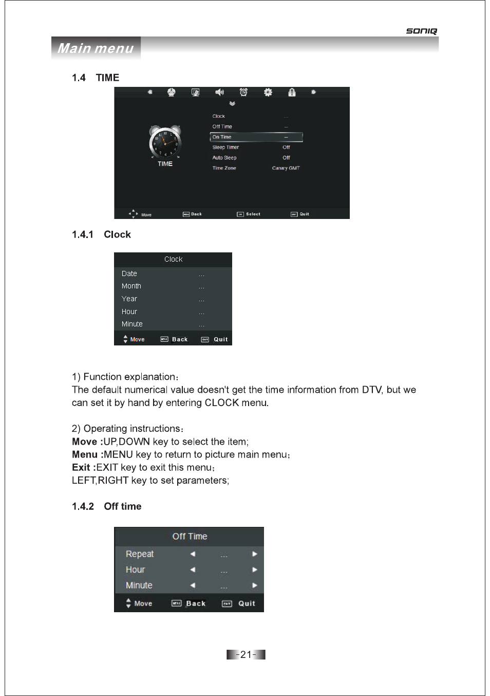 页 21, Main menu | SONIQ E19Z10A User Manual | Page 21 / 58