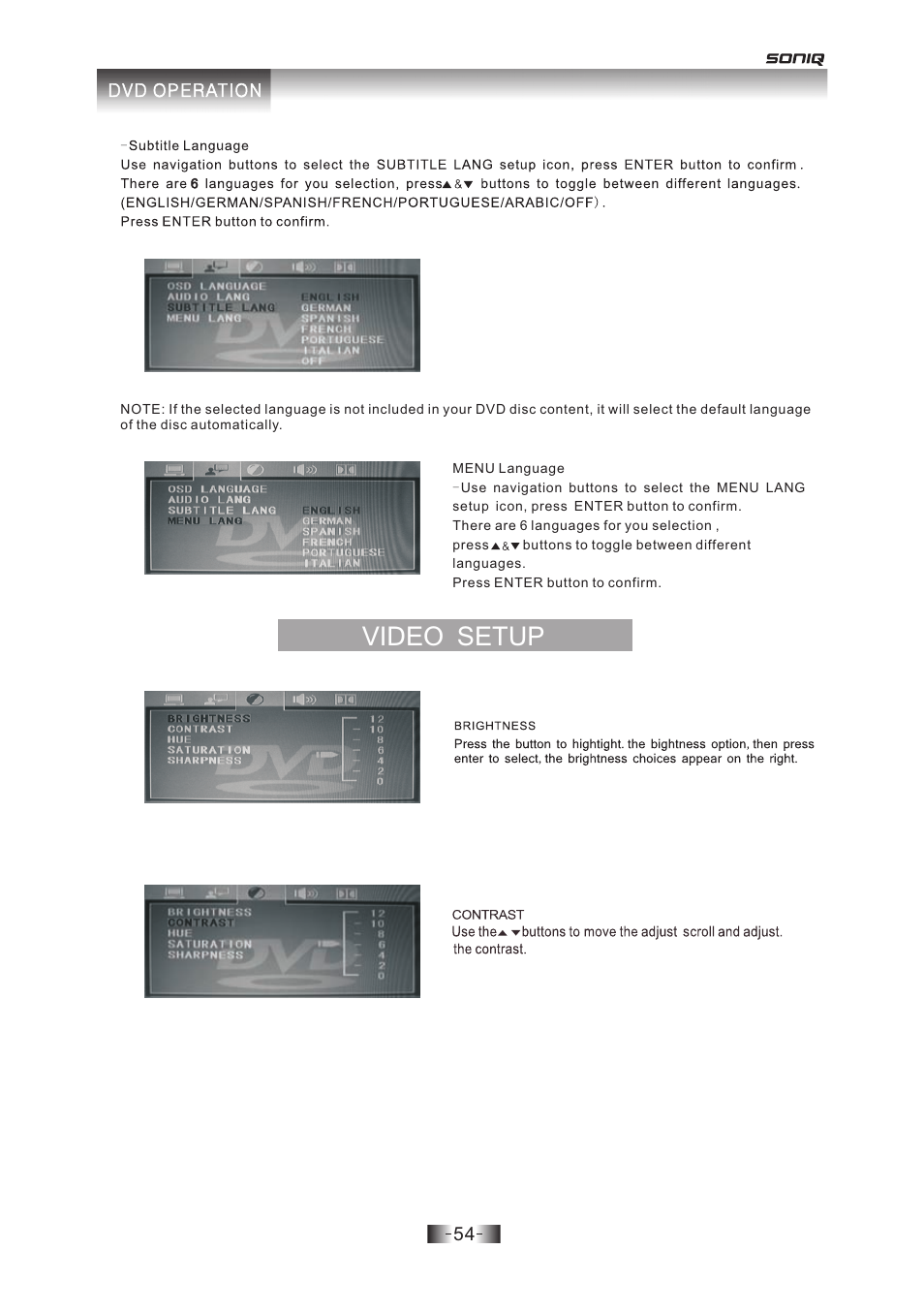 页 54, Video setup | SONIQ E19Z10A User Manual | Page 54 / 58