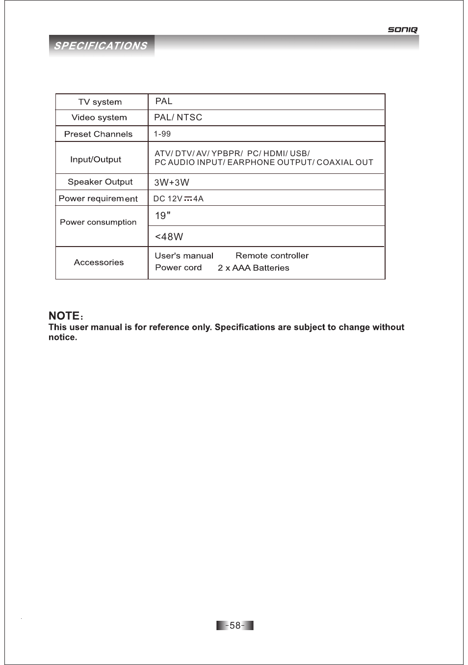 页 58 | SONIQ E19Z10A User Manual | Page 58 / 58
