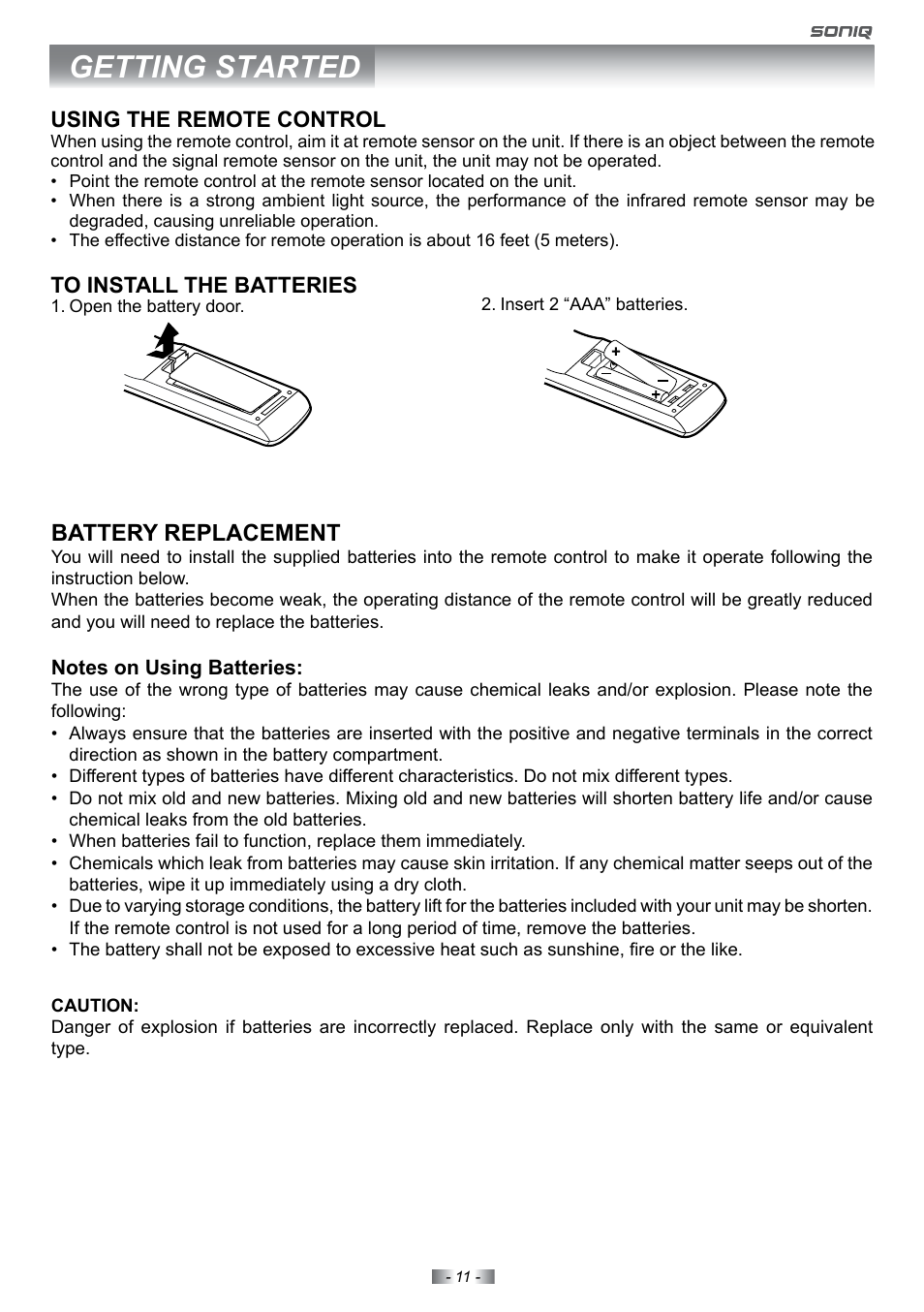 Getting started, Battery replacement | SONIQ E22Z10A User Manual | Page 11 / 34