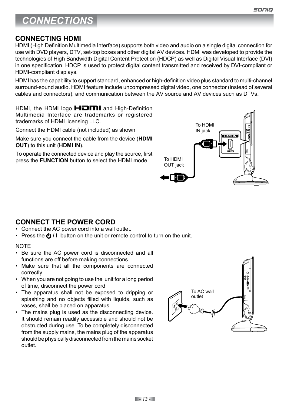 Connections, Connecting hdmi, Connect the power cord | SONIQ E22Z10A User Manual | Page 13 / 34