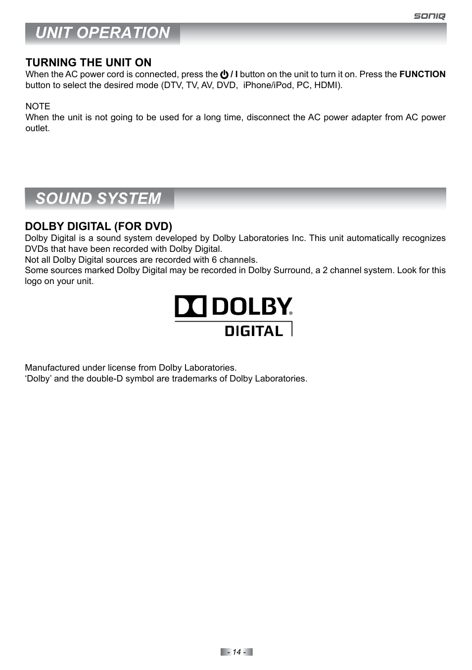 Sound system unit operation | SONIQ E22Z10A User Manual | Page 14 / 34