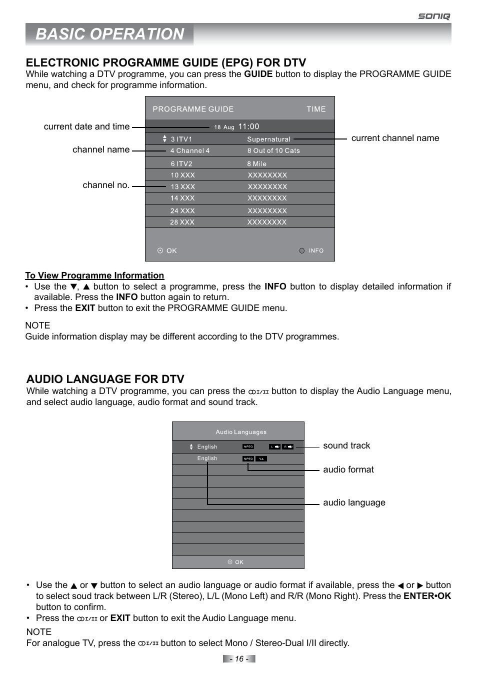 Basic operation, Electronic programme guide (epg) for dtv, Audio language for dtv | SONIQ E22Z10A User Manual | Page 16 / 34
