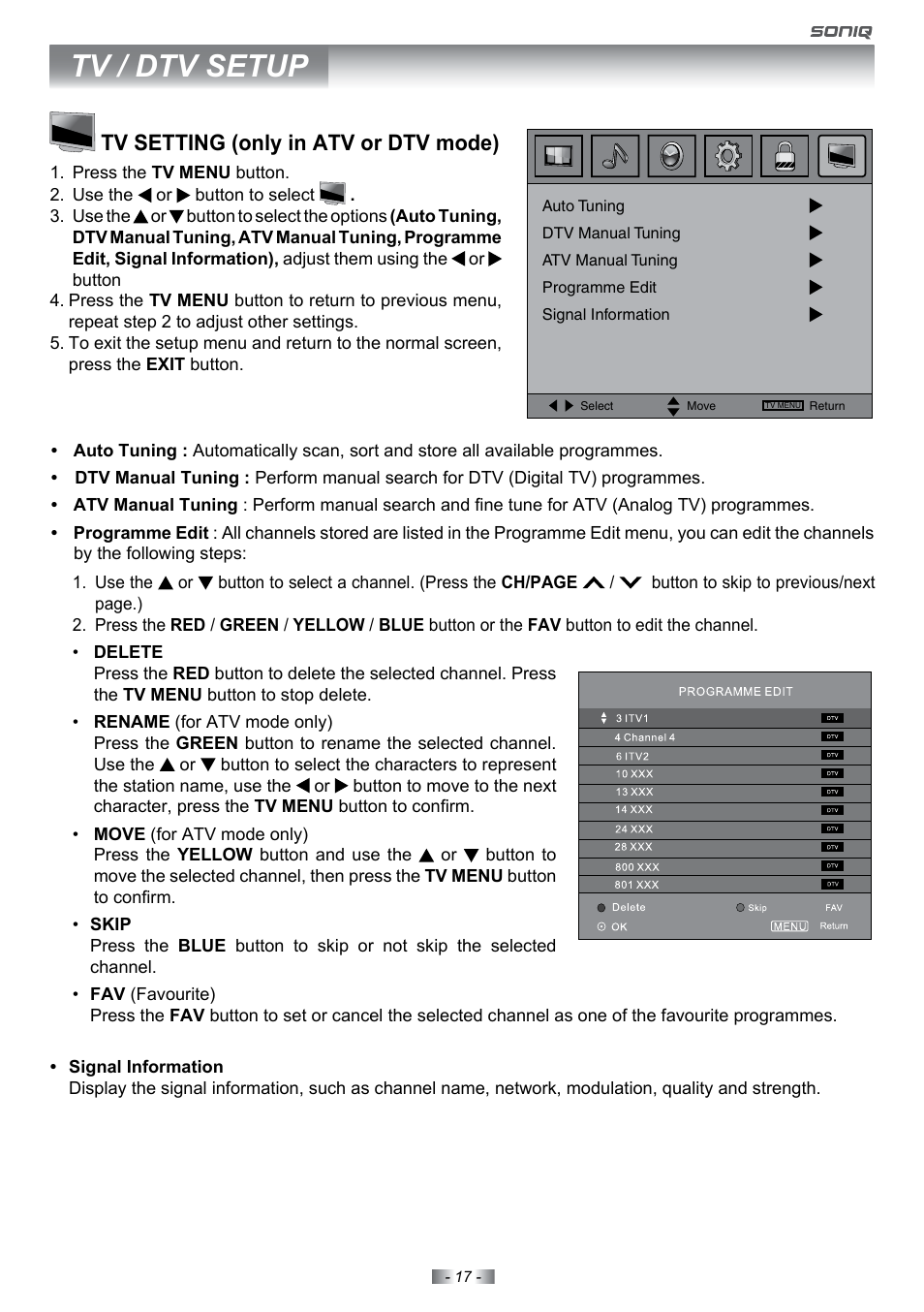 Tv / dtv setup, Tv setting (only in atv or dtv mode) | SONIQ E22Z10A User Manual | Page 17 / 34
