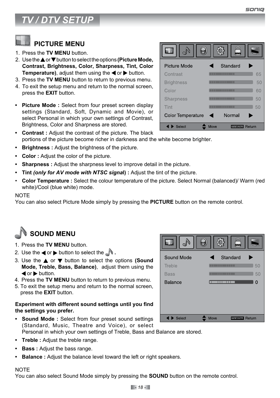 Tv / dtv setup, Picture menu, Sound menu | SONIQ E22Z10A User Manual | Page 18 / 34