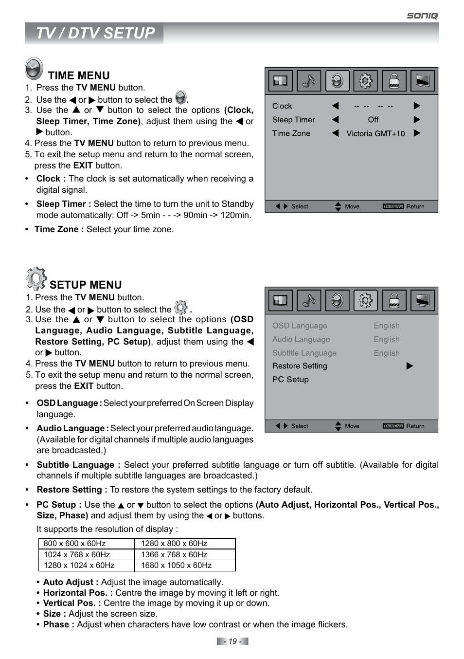 Tv / dtv setup, Time menu, Setup menu | SONIQ E22Z10A User Manual | Page 19 / 34