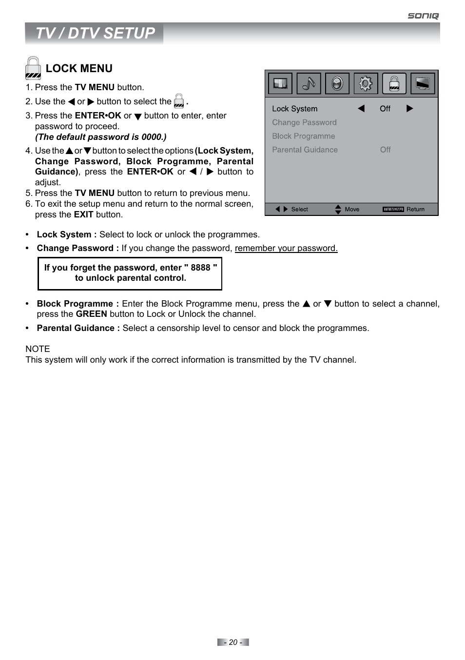 Tv / dtv setup, Lock menu | SONIQ E22Z10A User Manual | Page 20 / 34