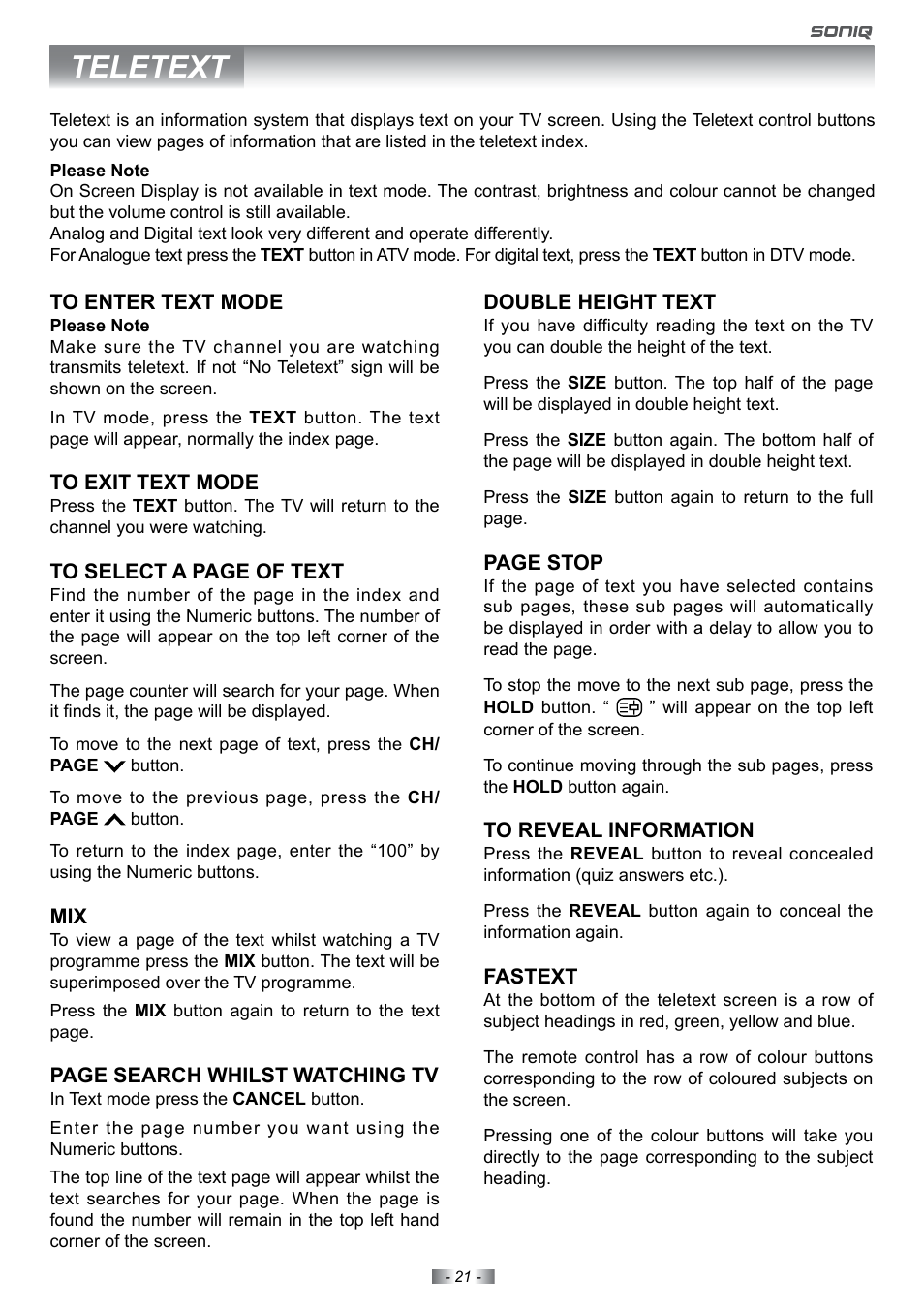 Teletext | SONIQ E22Z10A User Manual | Page 21 / 34