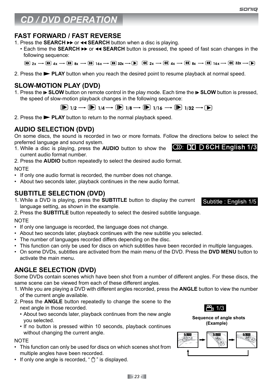 Cd / dvd operation, Fast forward / fast reverse, Slow-motion play (dvd) | Audio selection (dvd), Subtitle selection (dvd), Angle selection (dvd) | SONIQ E22Z10A User Manual | Page 23 / 34