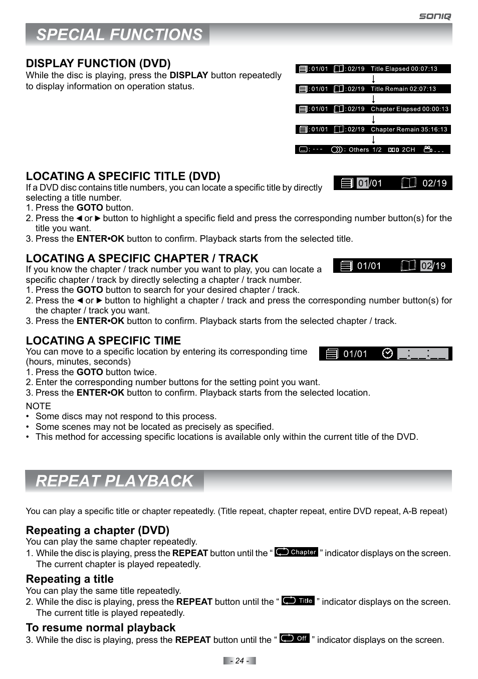 Special functions, Repeat playback | SONIQ E22Z10A User Manual | Page 24 / 34