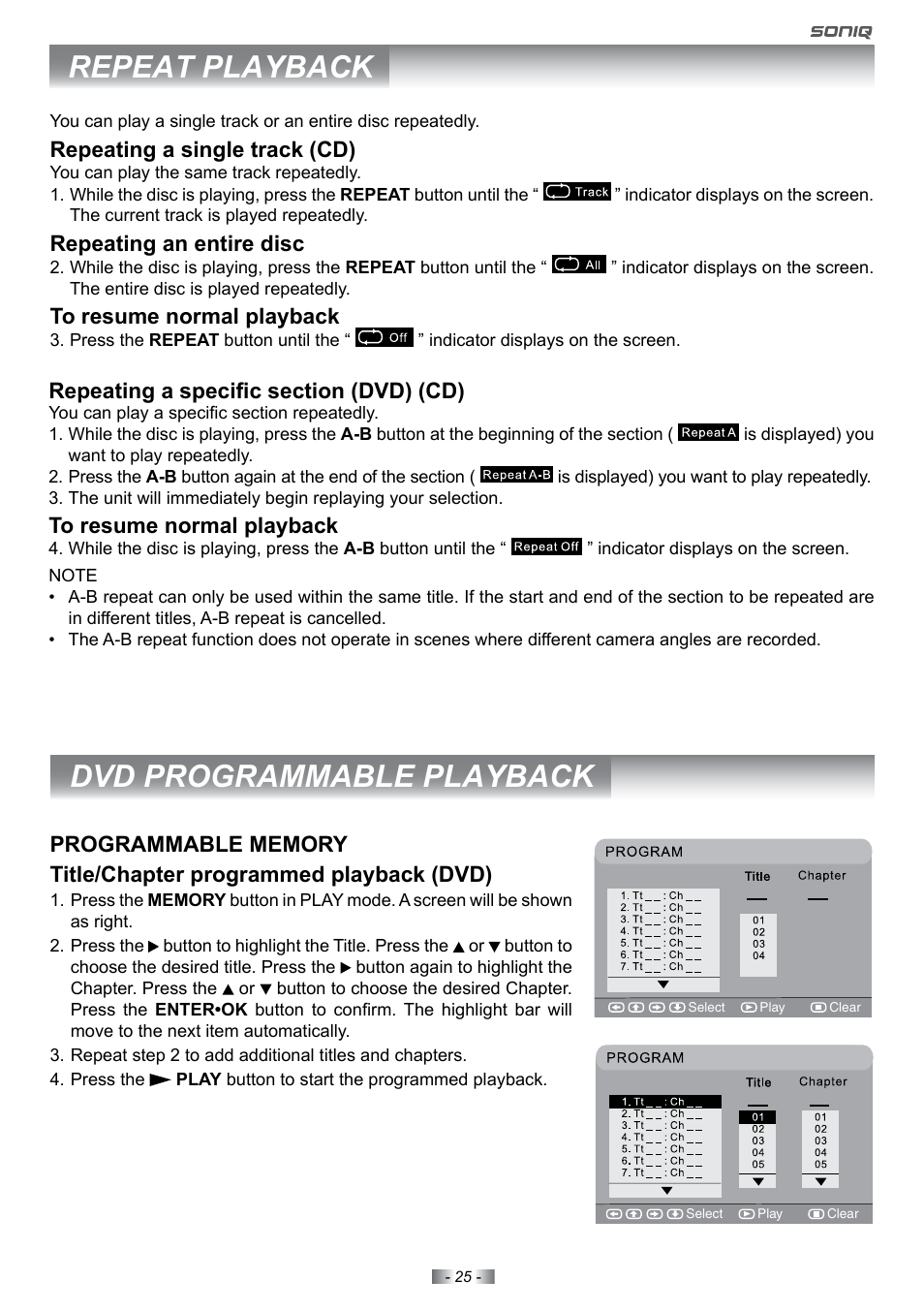Repeat playback, Dvd programmable playback, Repeating a single track (cd) | Repeating an entire disc | SONIQ E22Z10A User Manual | Page 25 / 34