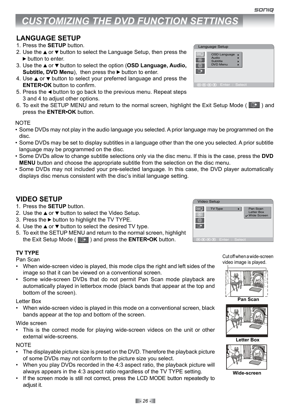 Customizing the dvd function settings, Language setup, Video setup | SONIQ E22Z10A User Manual | Page 26 / 34