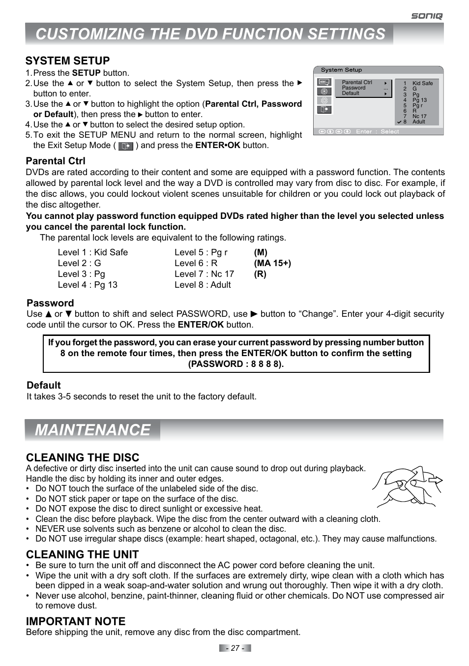 Maintenance, Customizing the dvd function settings, Cleaning the disc | Cleaning the unit, System setup | SONIQ E22Z10A User Manual | Page 27 / 34