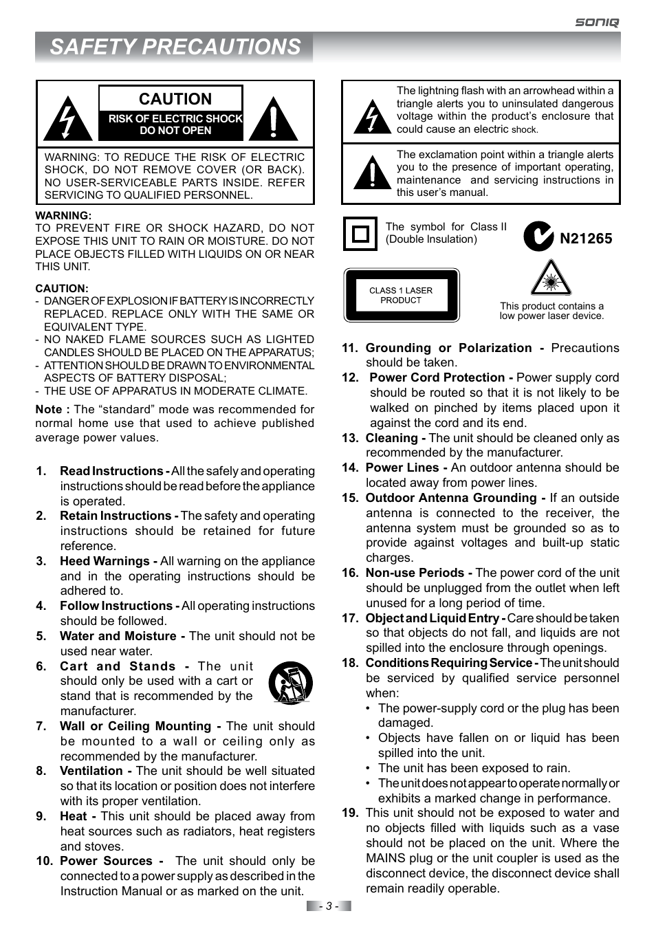 Safety precautions, Caution | SONIQ E22Z10A User Manual | Page 3 / 34