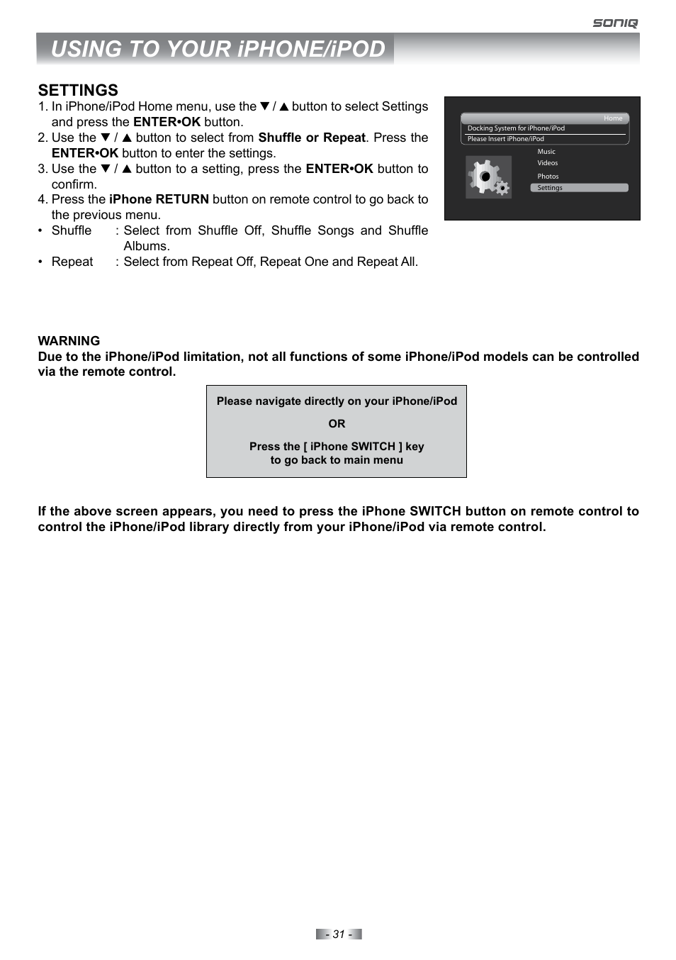 Using to your iphone/ipod, Settings | SONIQ E22Z10A User Manual | Page 31 / 34