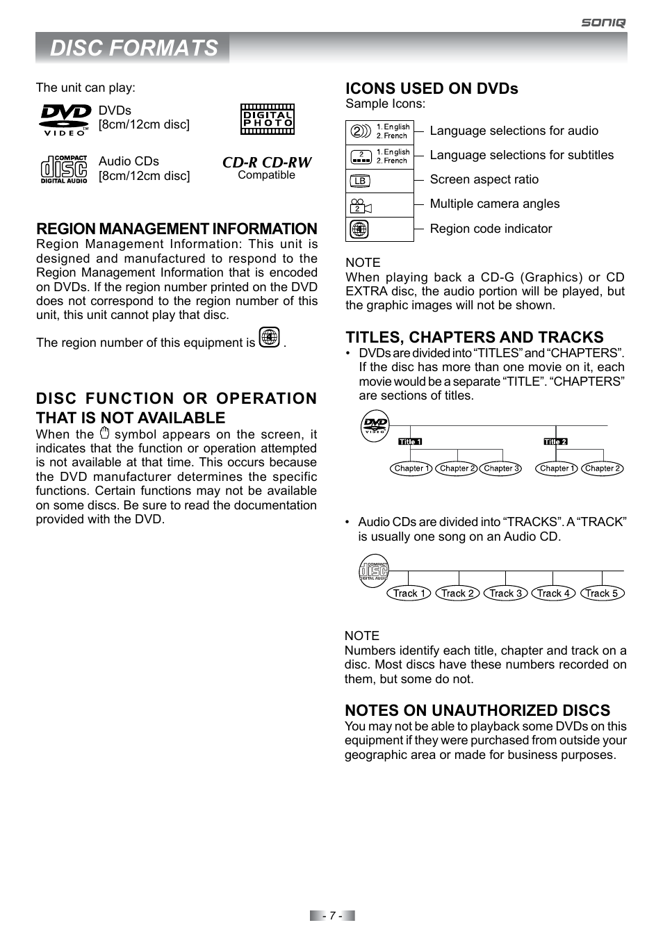 Disc formats | SONIQ E22Z10A User Manual | Page 7 / 34