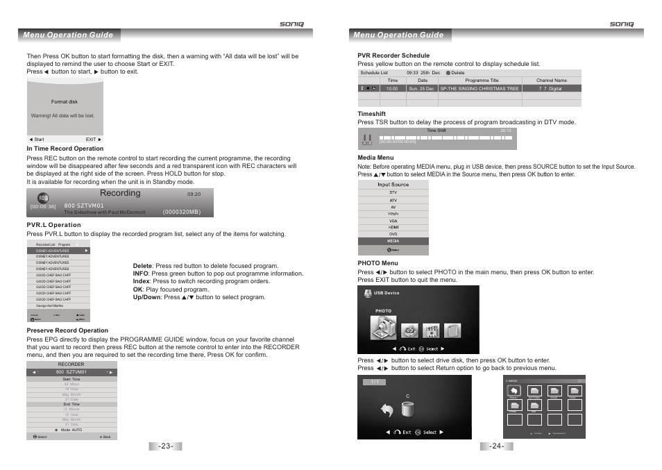 页 13, Recording, Menu operation guide | SONIQ E23Z13A REV AC User Manual | Page 13 / 21