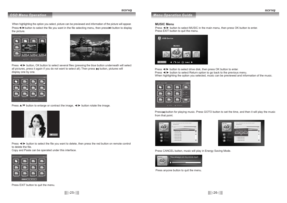页 14, Osd menu operation, Menu operation guide | Music menu | SONIQ E23Z13A REV AC User Manual | Page 14 / 21
