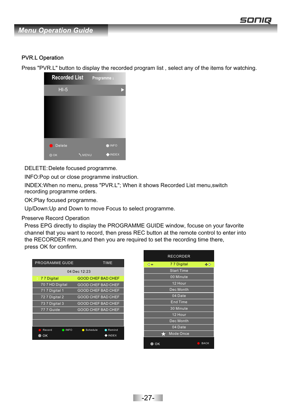 页面 29, Recorded list | SONIQ E26Z11B User Manual | Page 28 / 45