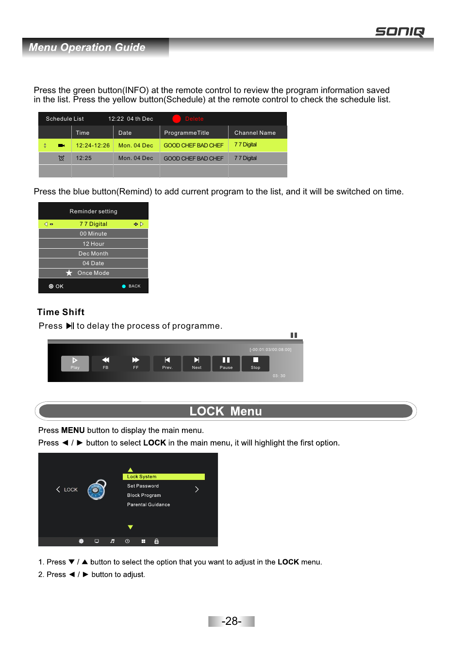 页面 30, Time shift, Press to delay the process of programme | SONIQ E26Z11B User Manual | Page 29 / 45