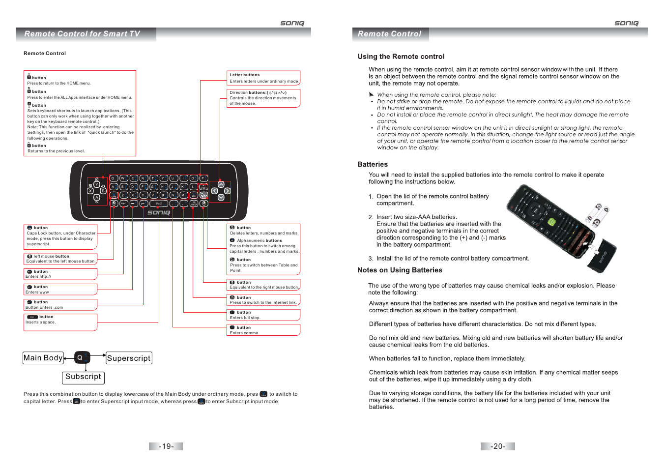Remote control for smart tv, Main body, Superscript subscript | Remote control | SONIQ E32S12A User Manual | Page 11 / 25
