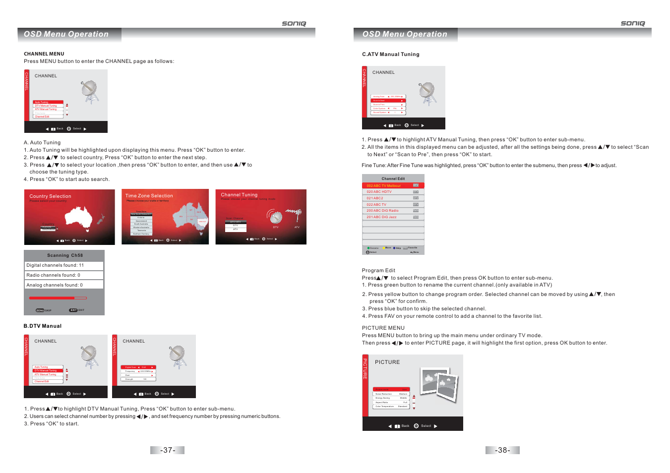 Osd menu operation | SONIQ E32S12A User Manual | Page 20 / 25
