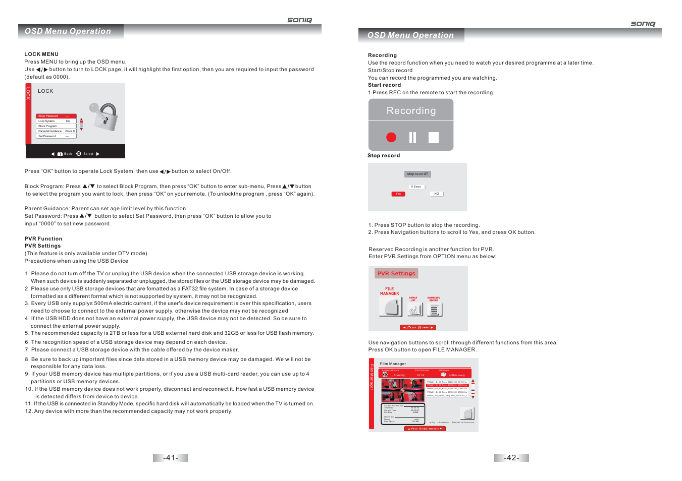 Recording, Osd menu operation | SONIQ E32S12A User Manual | Page 22 / 25