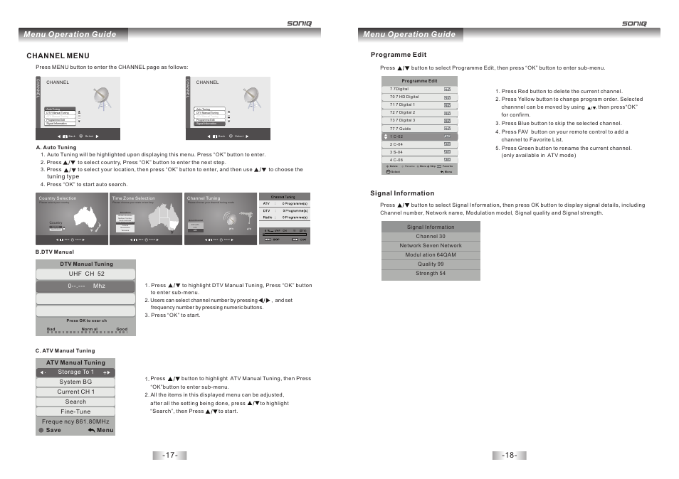 页 10, Menu operation guide, Channel menu | SONIQ E32W13A User Manual | Page 10 / 17