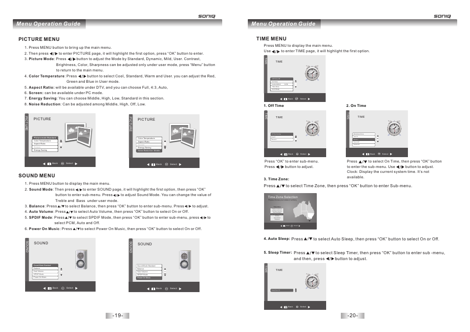 页 11, Menu operation guide, Picture menu | Sound menu time menu | SONIQ E32W13A User Manual | Page 11 / 17