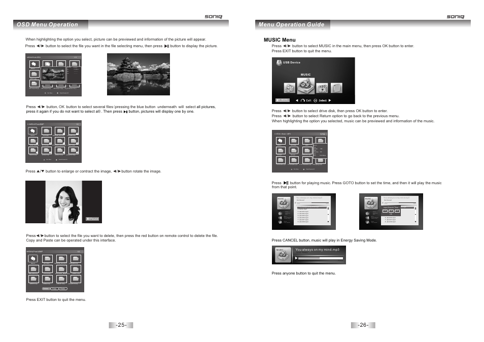 页 14, Osd menu operation, Menu operation guide | Music menu | SONIQ E32W13A User Manual | Page 14 / 17