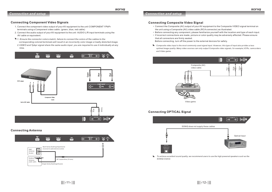 Connection and setup, Connecting composite video signal, Connecting optical signal | SONIQ E32W13A User Manual | Page 7 / 17