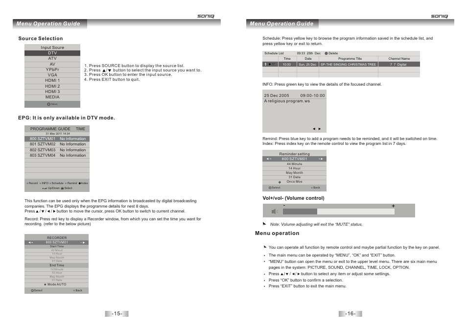 Menu operation guide, Menu operation guide menu operation | SONIQ E32W13A User Manual | Page 9 / 17