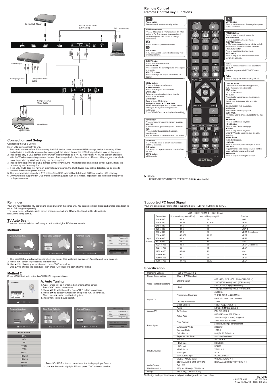 Connection and setup, Reminder, Tv auto scan | Method 1, Method 2, A. auto tuning, Specification | SONIQ E32W13B User Manual | Page 2 / 2