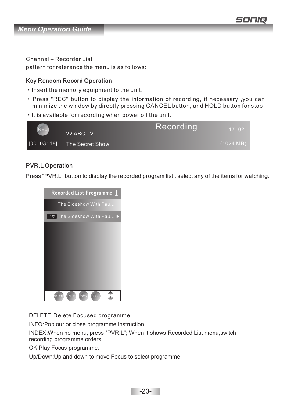 页 24, Recording | SONIQ E32Z10A User Manual | Page 24 / 35