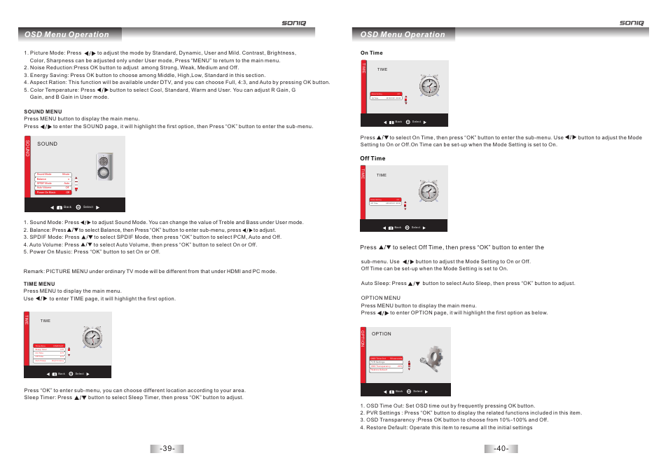 页 21, Osd menu operation | SONIQ E40S12A User Manual | Page 21 / 25
