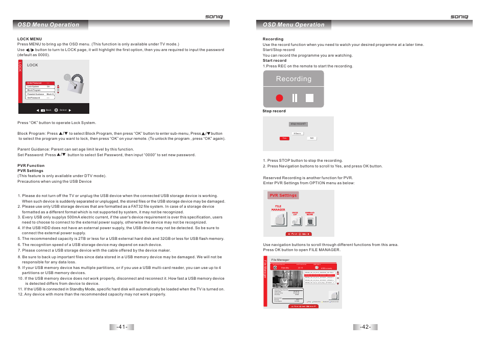 页 22, Recording, Osd menu operation | SONIQ E40S12A User Manual | Page 22 / 25