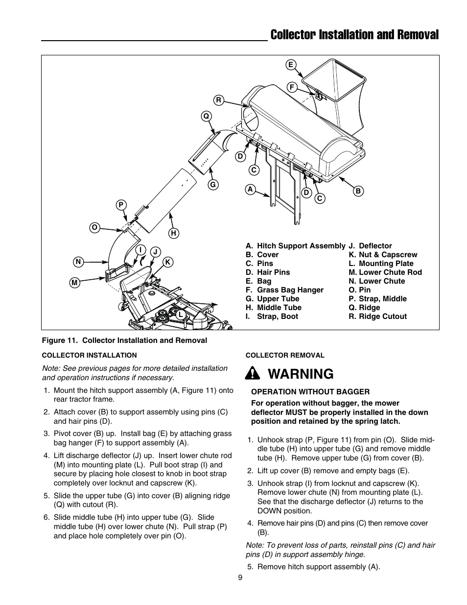 Collector installation and removal, Warning | Briggs & Stratton 5900703 User Manual | Page 11 / 16