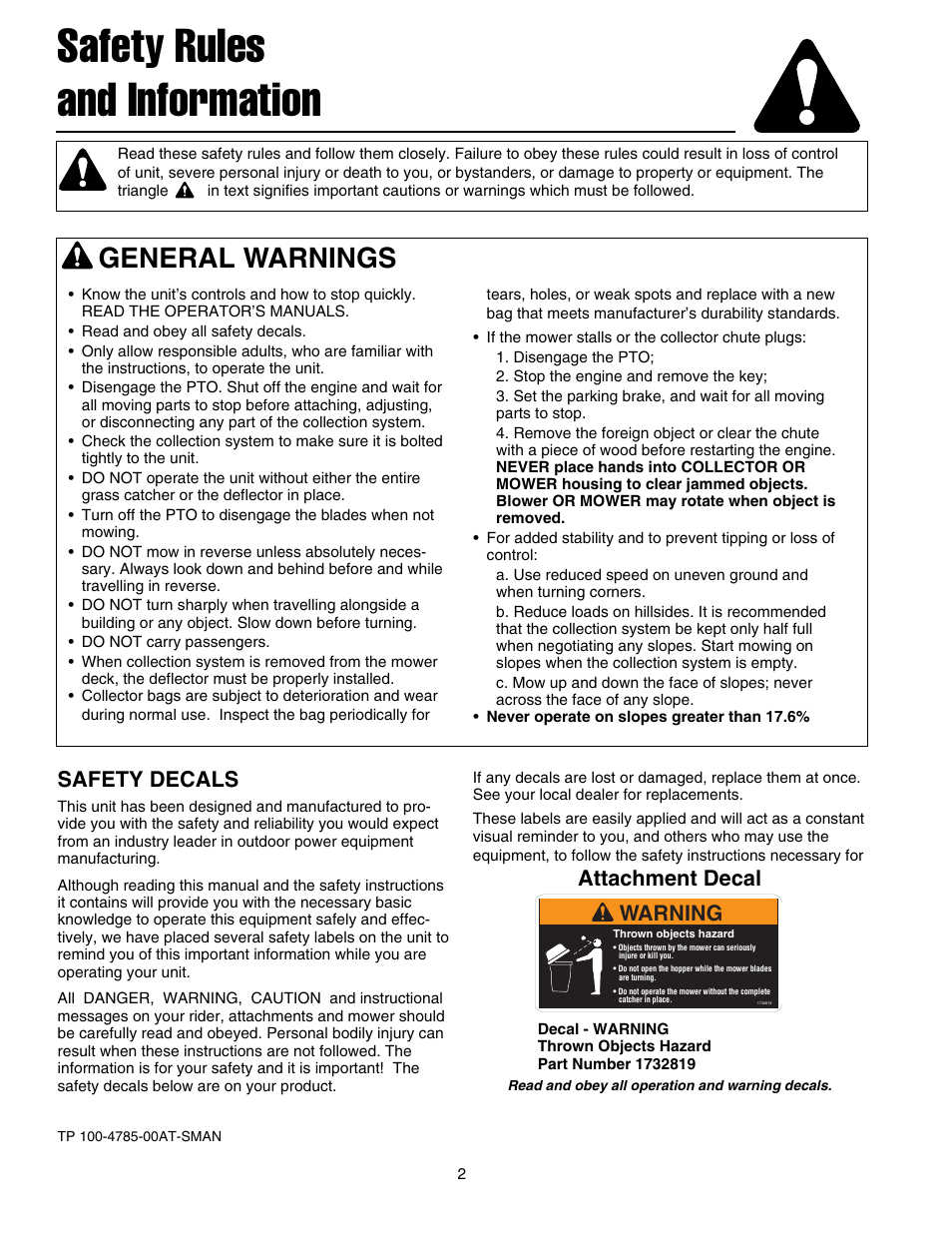 Safety rules and information, General warnings, Safety decals | Attachment decal, Warning | Briggs & Stratton 5900703 User Manual | Page 4 / 16