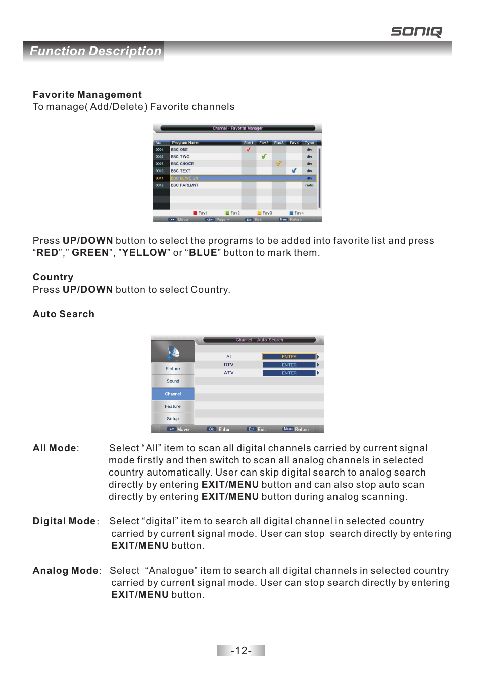 页 13, Function description | SONIQ E40V14B User Manual | Page 13 / 26