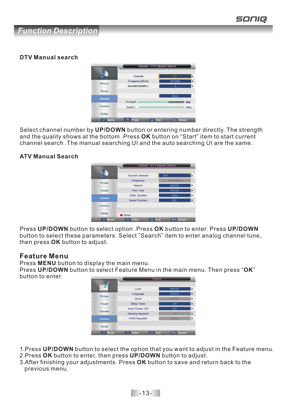 页 14, Function description | SONIQ E40V14B User Manual | Page 14 / 26