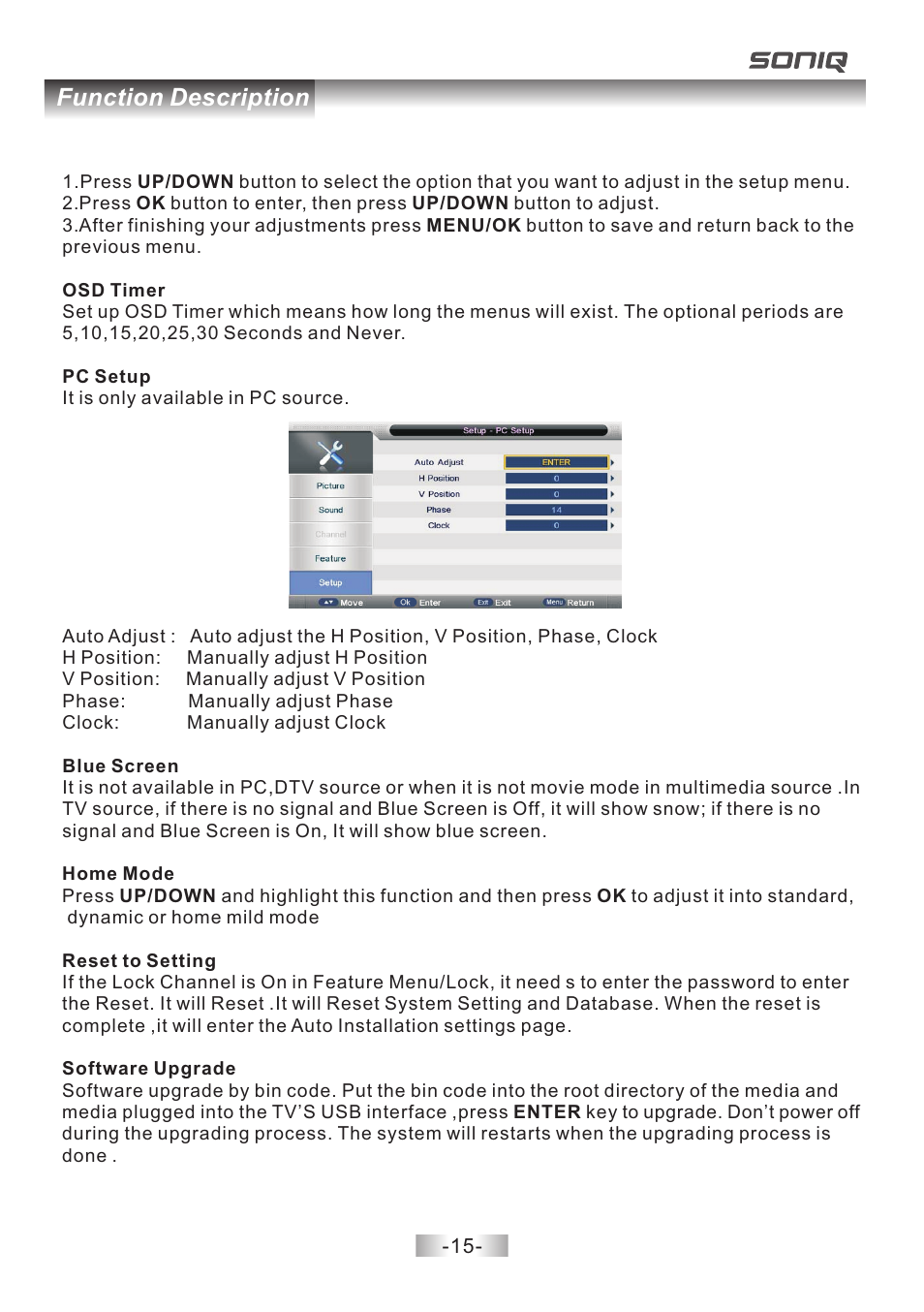 页 16, Function description | SONIQ E40V14B User Manual | Page 16 / 26