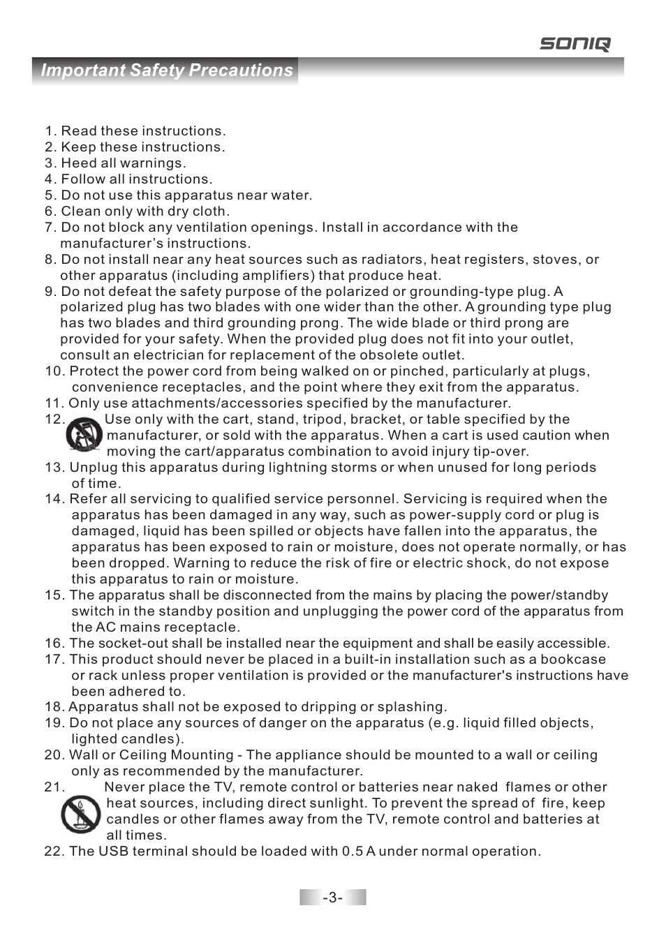 Important safety precautions | SONIQ E40V14B User Manual | Page 4 / 26