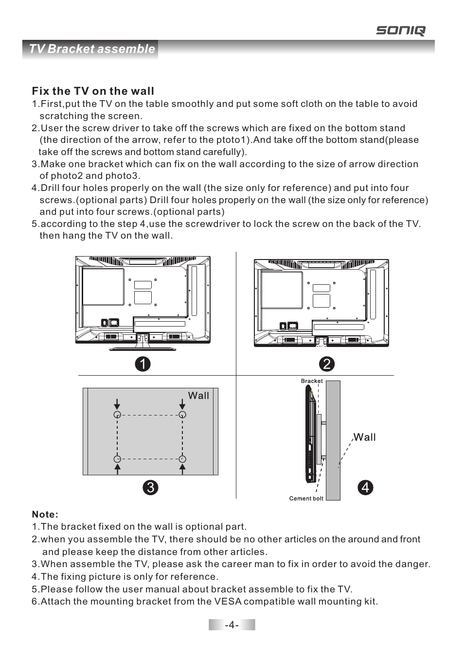 Tv bracket assemble, Fix the tv on the wall | SONIQ E40V14B User Manual | Page 5 / 26