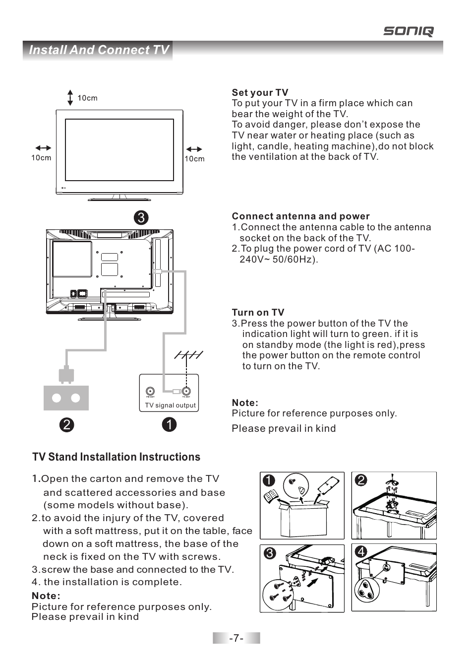 Install and connect tv 1 3 2 4 | SONIQ E40V14B User Manual | Page 8 / 26