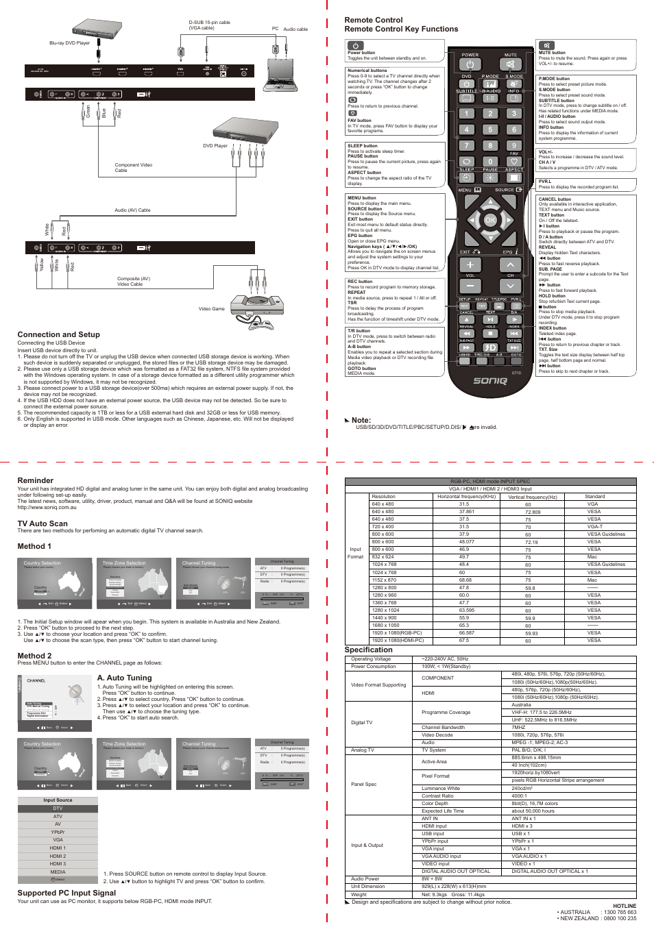 Connection and setup, Remote control remote control key functions, Reminder | Tv auto scan, Method 1, Method 2, A. auto tuning, Supported pc input signal, Specification | SONIQ E40W13A-AU(general function similar to E32W13A) User Manual | Page 2 / 2