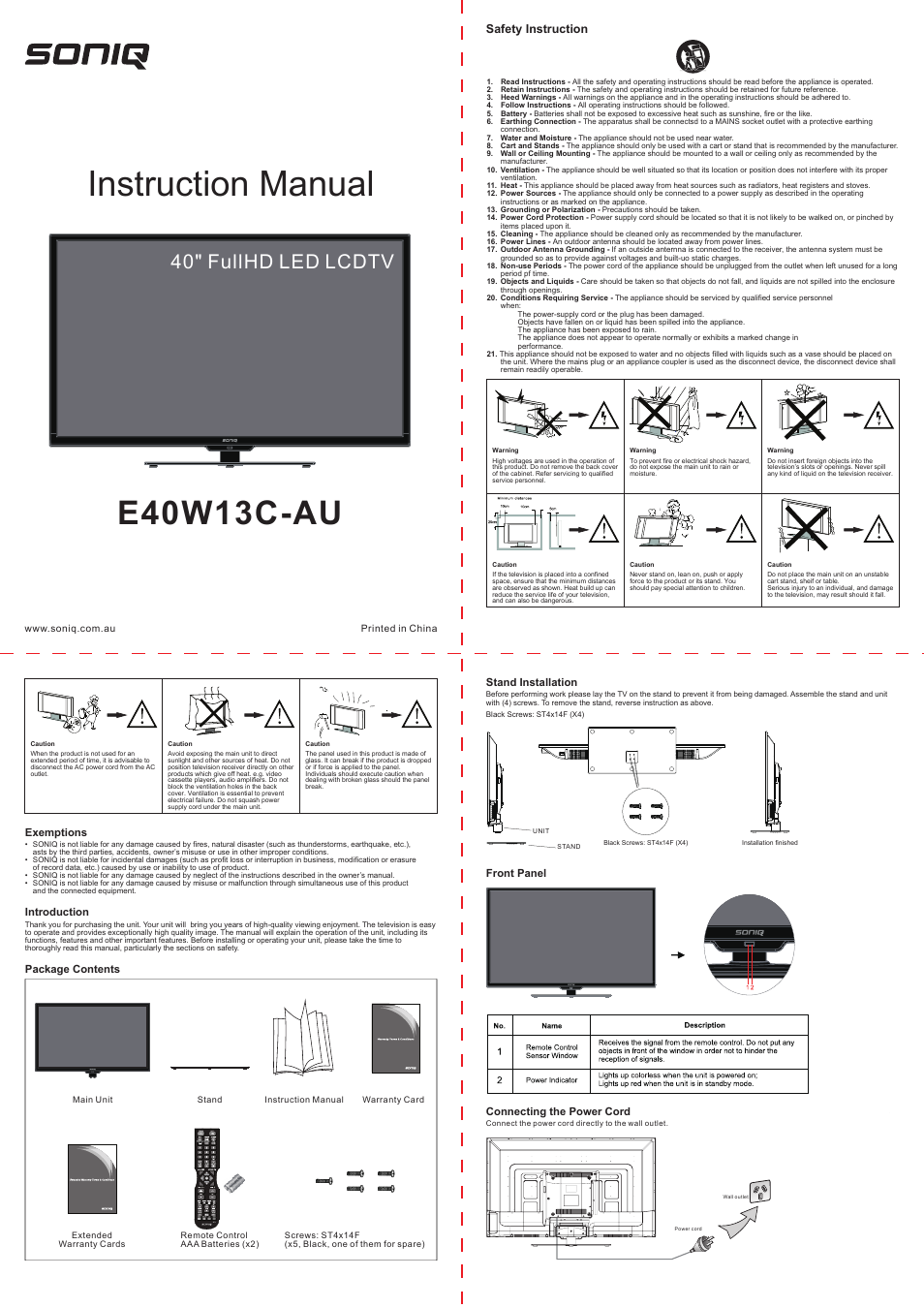 SONIQ E40W13C(general function similar to E32W13A) User Manual | 2 pages