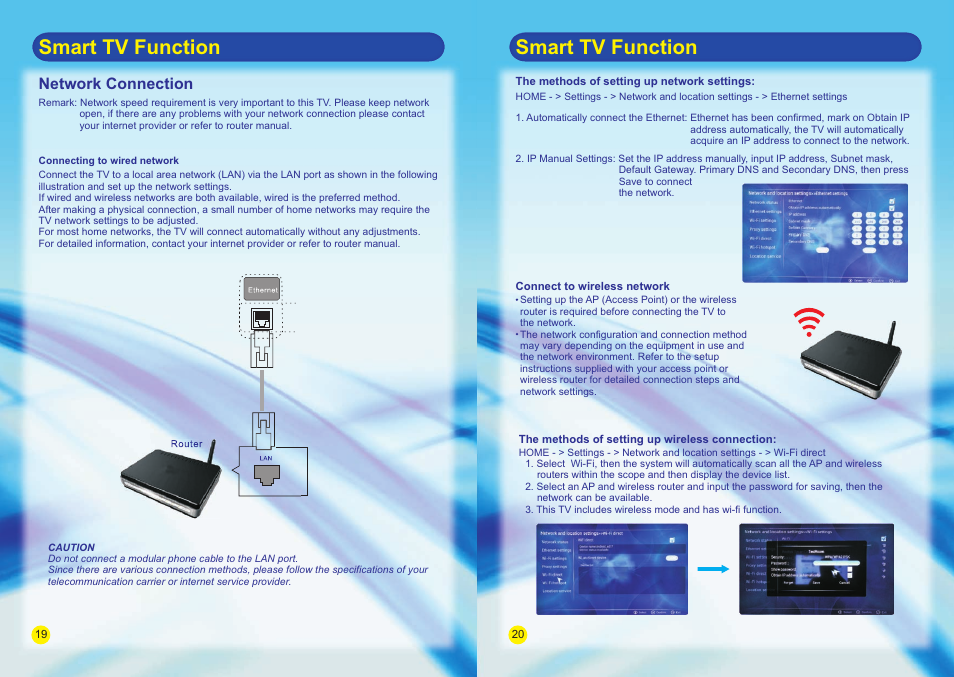 Smart tv function, Network connection | SONIQ E42S14A E47S14A E55S14A User Manual | Page 10 / 24