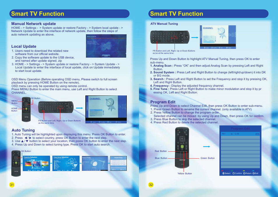 Smart tv function, Manual network update local update, Auto tuning | Program edit | SONIQ E42S14A E47S14A E55S14A User Manual | Page 16 / 24
